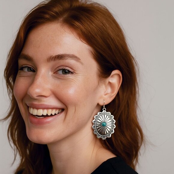 Western Concho Style Silver Tone Chandelier Pierced Earrings Faux Turquoise 2" - Picture 2 of 4